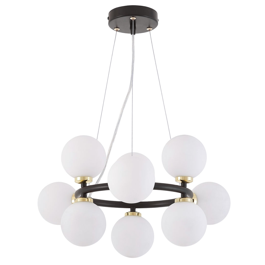 Crno-zlatni luster, elegantna višesvjetlosna visilica, bijela sjenila, staklene kugle - MARSIADA - Lumina Deco slika 1