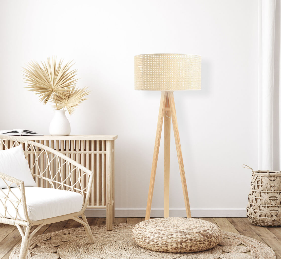 Podna lampa u boho stilu sa abažurom od prirodnog ratana u obliku cilindra na tronošcu - ROTANG - BPS Koncept slika 2