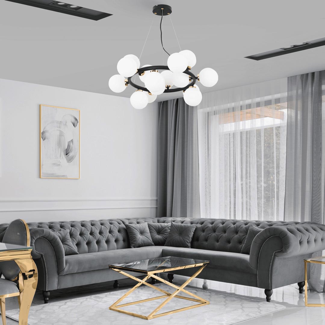 Crno-zlatni luster, elegantna višesvjetlosna visilica, bijela sjenila, staklene kugle - MARSIADA - Lumina Deco slika 2