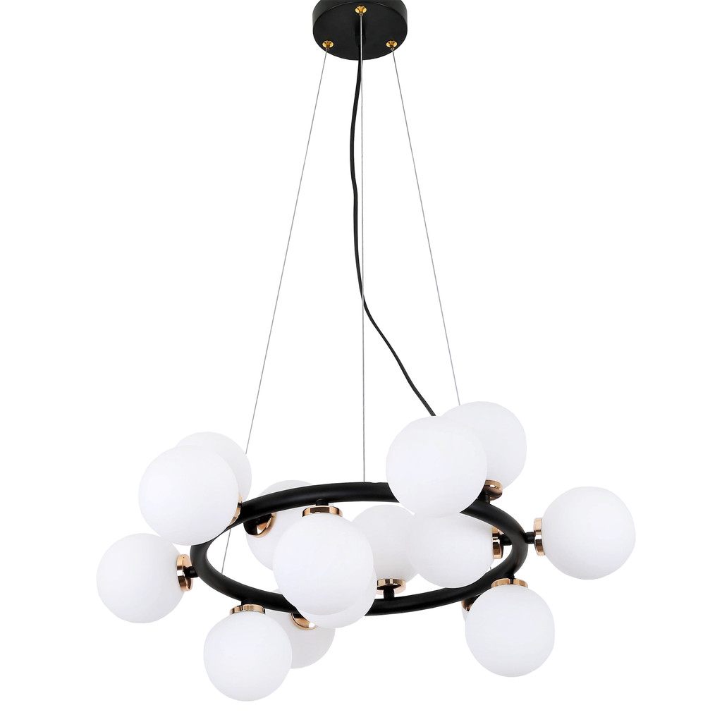 Crno-zlatni luster, elegantna višesvjetlosna visilica, bijela sjenila, staklene kugle - MARSIADA - Lumina Deco slika 1