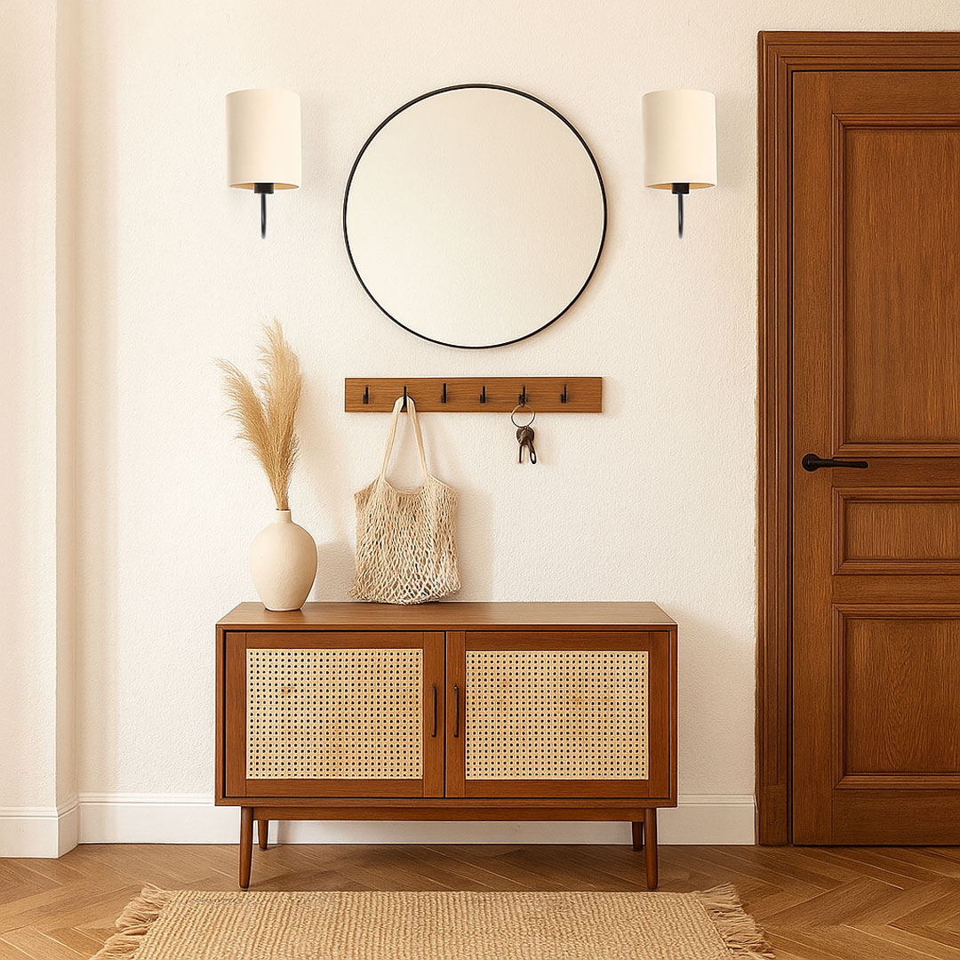 Svijetla kremasta zidna lampa u boho stilu s lanenim abažurom u obliku cilindra BOHO - BPS Koncept slika 2