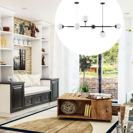 Crni luster, kuglice, viseća svjetiljka, horizontalna greda, dvije okrugle stropne rozete - FINO