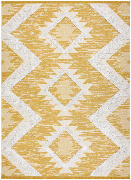 Ekologiczny żółty dywan romby boho, biały wzór aztecki, do prania, bawełniany - MOROC