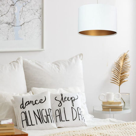 Bijela viseća lampa, visilica s velurnim cilindričnim sjenilom sa zlatnom unutrašnjosti - LJILJAN