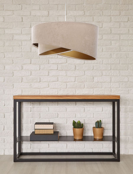 Bež visilica, okrugli asimetrični abažur od velura, zlatna unutrašnjost - SAMANTA