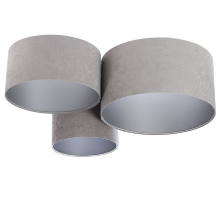 Szara lampa sufitowa z kloszami z weluru w kształcie walca ze srebrnym wnętrzem, plafoniada BLER