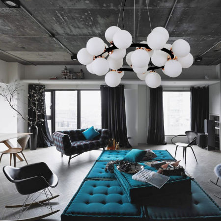 Crno-zlatni luster, elegantna višesvjetlosna visilica, bijela sjenila, staklene kugle - MARSIADA