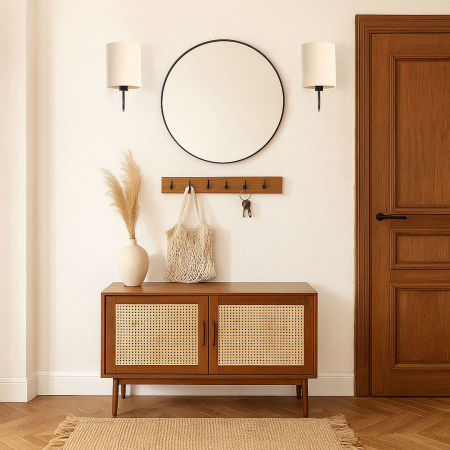 Svijetla kremasta zidna lampa u boho stilu s lanenim abažurom u obliku cilindra BOHO