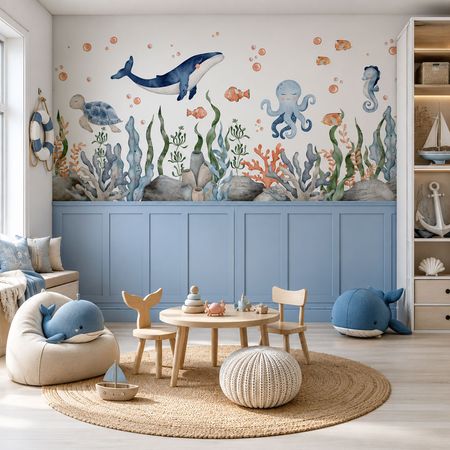 Tapeta dziecięca OCEANICZNE AKWARIUM - żółw, wieloryb, ośmiornica, konik morski, rybki, rafa koralowa