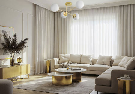 Zlatna stropna svjetiljka, asimetrična plafonjera, metalne cijevi, bijele kugle, klasična zlatna - FINO