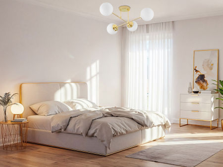 Zlatna stropna svjetiljka, asimetrična plafonjera, metalne cijevi, bijele kugle, klasična zlatna - FINO