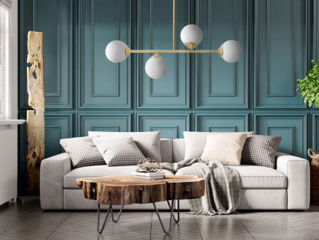 Zlatna visilica, luster na cjevčici, s kuglastim sjenilima od bijelog stakla, klasična zlatna - FINO