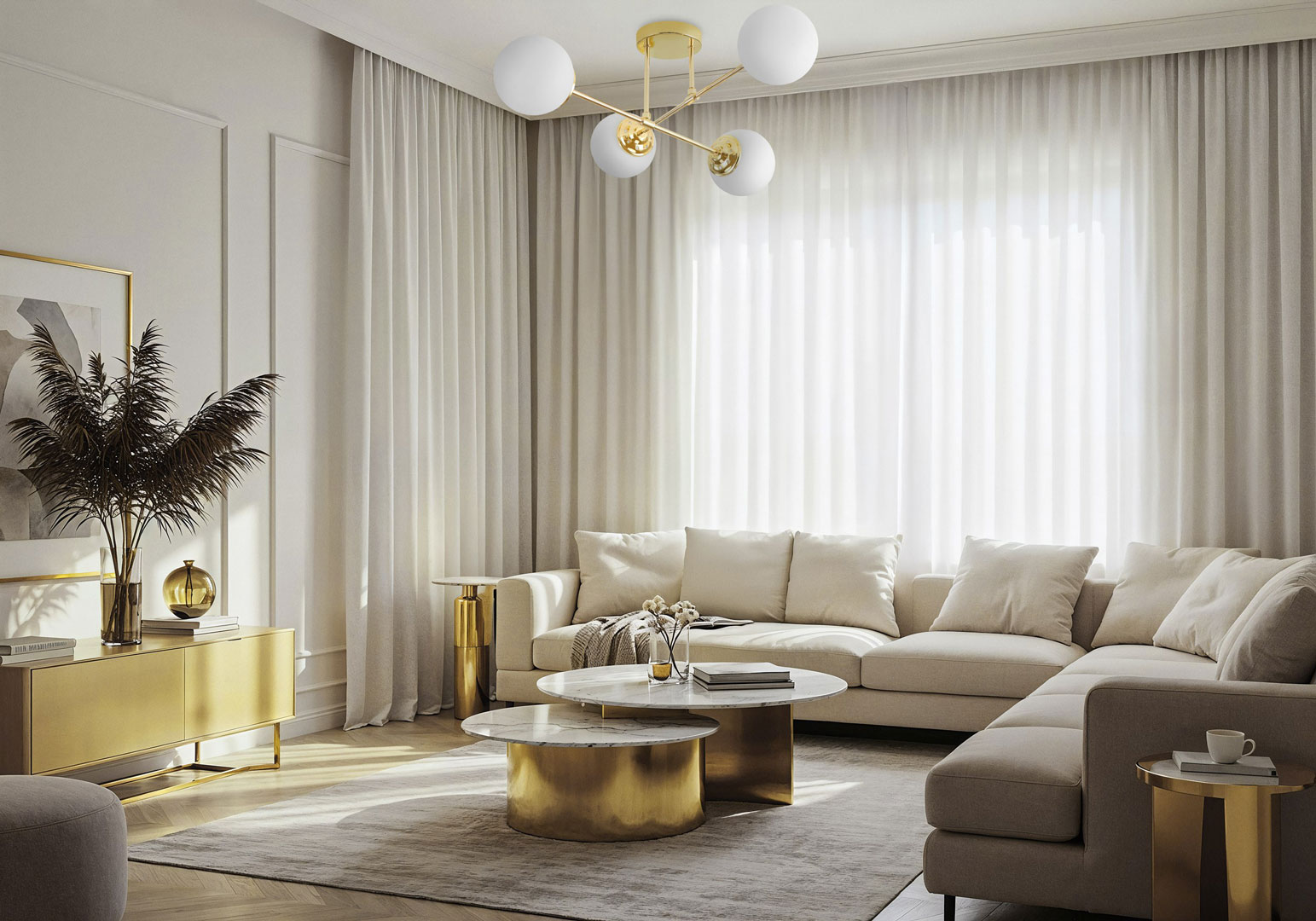 Zlatna stropna svjetiljka, asimetrična plafonjera, metalne cijevi, bijele kugle, klasična zlatna - FINO - undefined slika 2