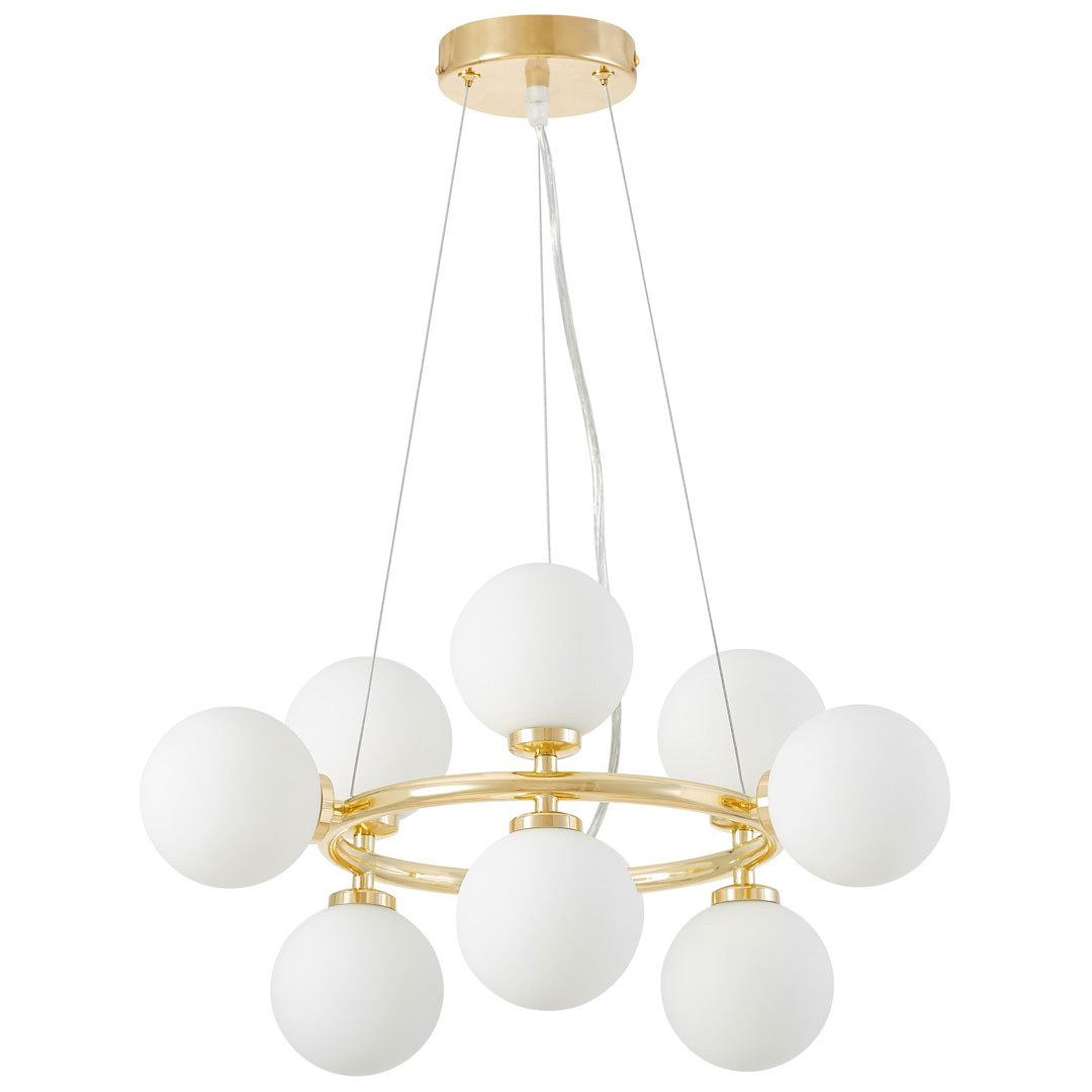 Zlatni luster, bijele staklene kugle, klasično zlato, glamurozna viseća lampa, svjetiljka - MARSIADA - Lumina Deco slika 1