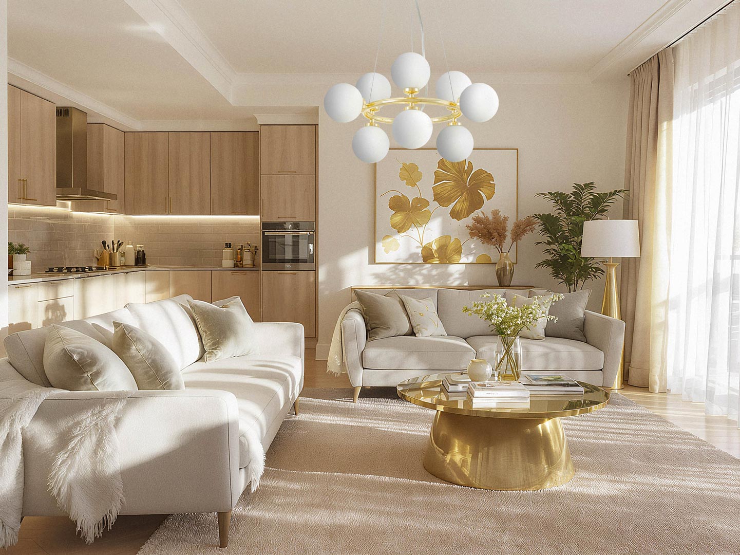 Zlatni luster, bijele staklene kugle, klasično zlato, glamurozna viseća lampa, svjetiljka - MARSIADA - Lumina Deco slika 2