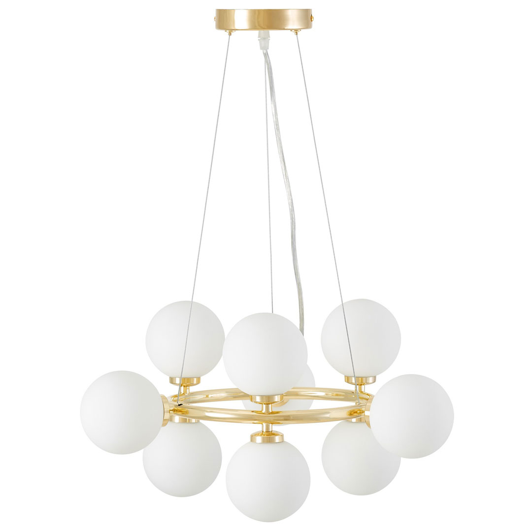 Zlatni luster, bijele staklene kugle, klasično zlato, glamurozna viseća lampa, svjetiljka - MARSIADA - Lumina Deco slika 2