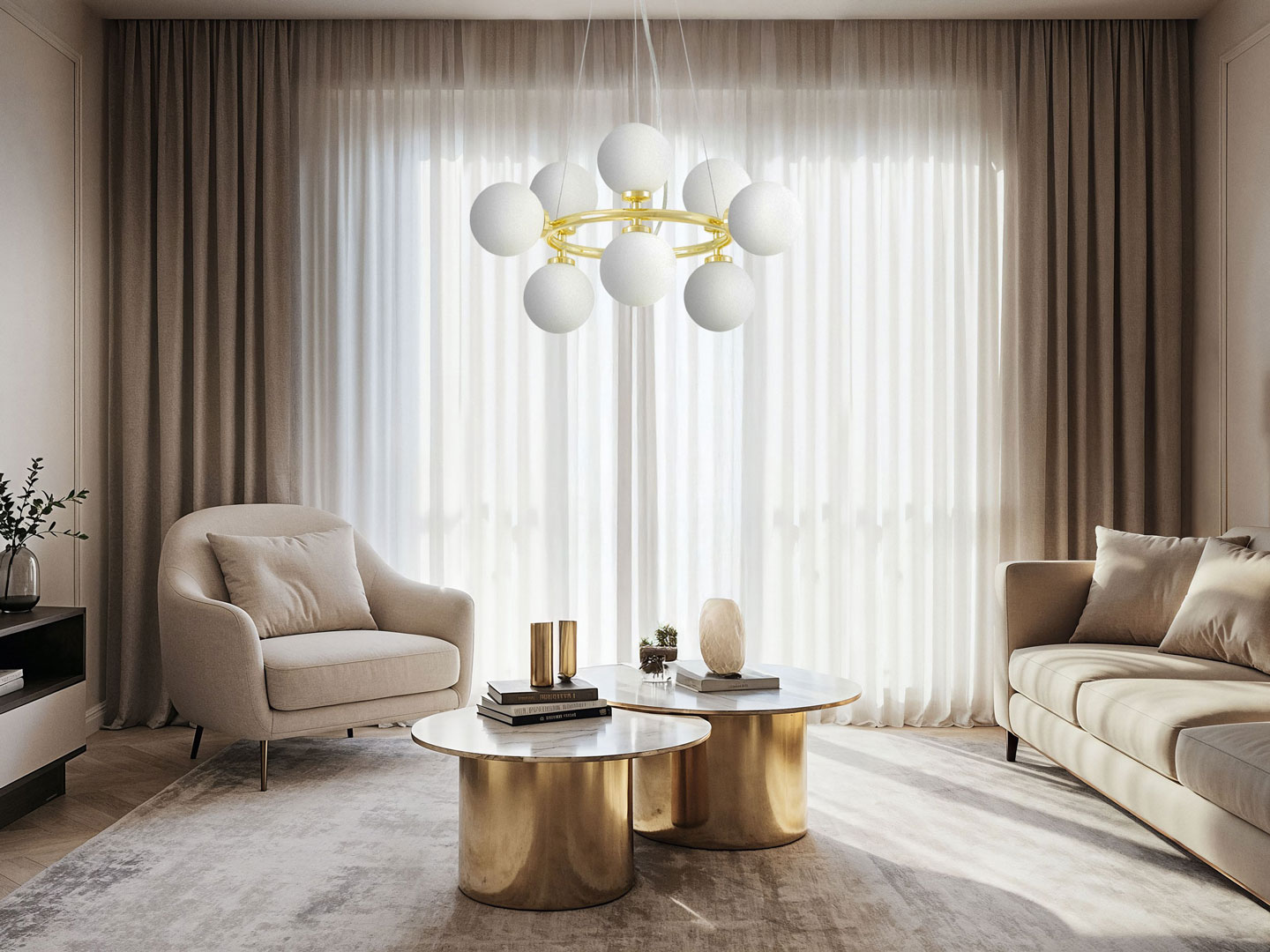 Zlatni luster, bijele staklene kugle, klasično zlato, glamurozna viseća lampa, svjetiljka - MARSIADA - Lumina Deco slika 4